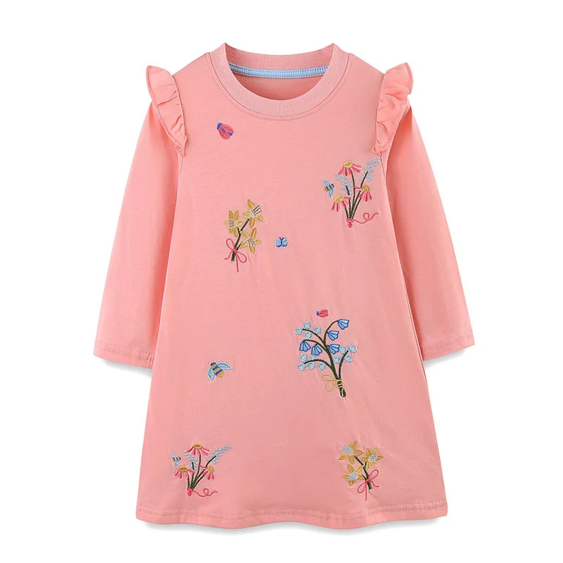 

Jumping Meters 2-7T Floral Embroidery Girls Dresses Cotton Autumn Spring Flowers Long Sleeve Children's Clothes Party Frocks