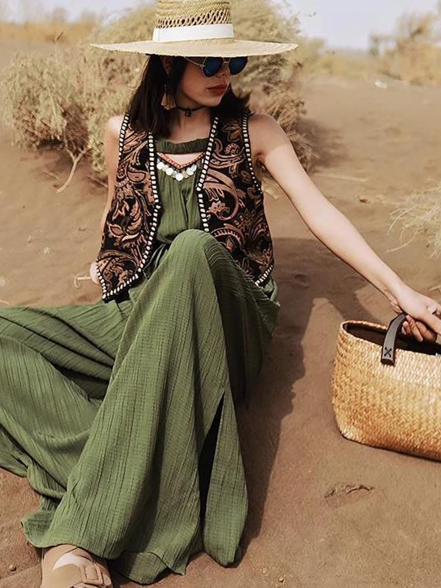 Retro Two-Tone Ethnic Tkae Weave Embroidery Short Vest Women's Autumn New Design Versatile Miniature Jacket Breathable V-Neck
