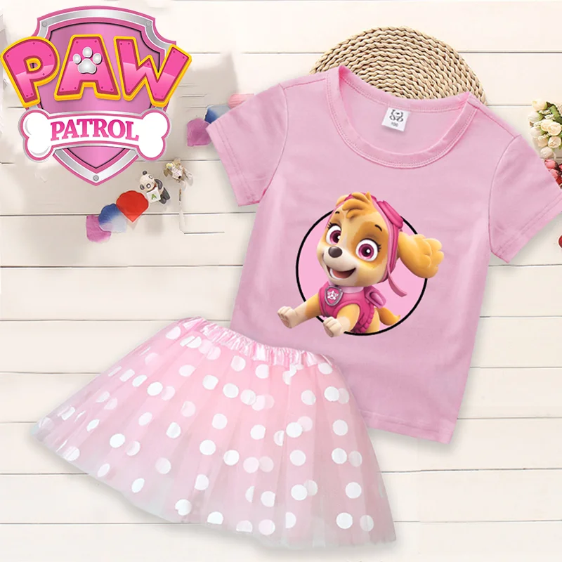Robe T-shirt Paw Patrols, 2 pièces, costume d'été à la mode avec dessin animé Skye, imprimé à pois, col rond, vêtements roses, cadeau d'anniversaire pour filles
