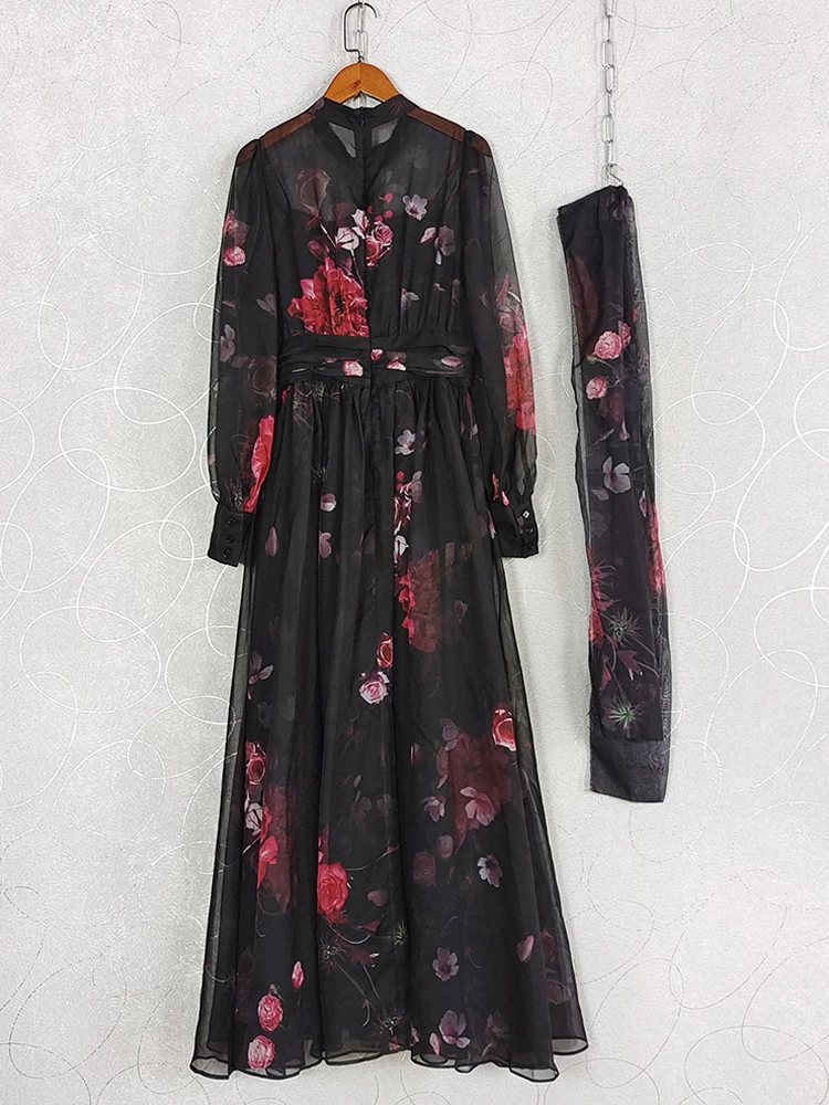 AELESEEN Runway Fashion Long Chiffon Dress Women Spring Autumn Half High Collar Red Flower Print Vintage Maxi Belt Party Holiday