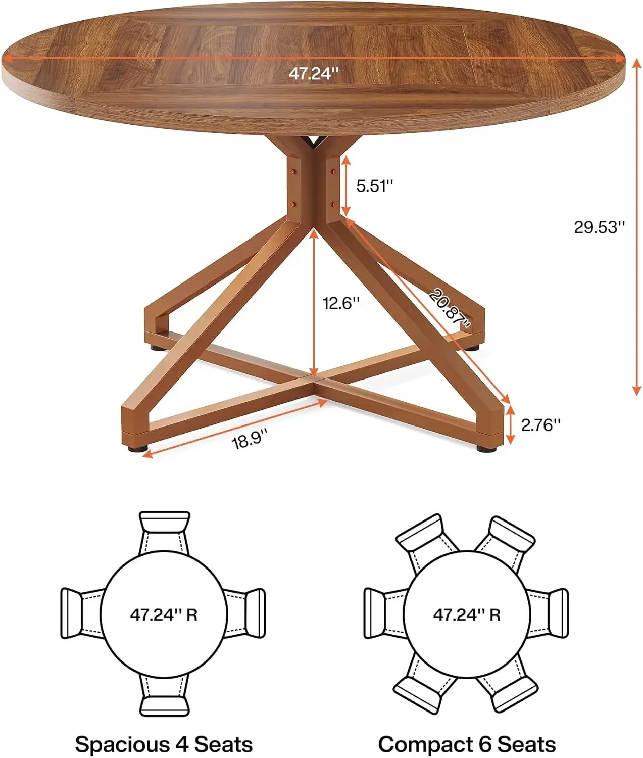 Round Dining Table for 4-6 People, 47-Inch Circle Kitchen Dining Room with Metal Pedestal Base, Wood Dinner