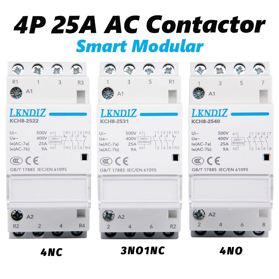 4P 25A AC Contactor Din Rail Mounted Household Smart Modular for Home House Hotel AC220V 2P 16A 20A 25A 2NC 2NO  LKNDIZ