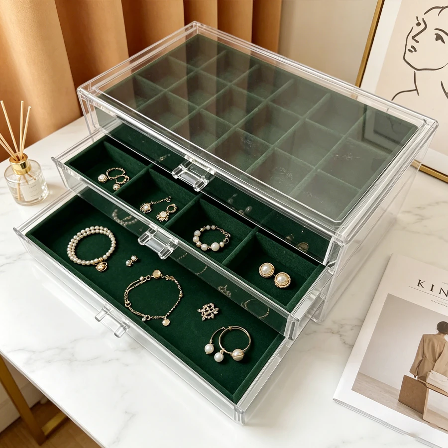 Green drawer-style multi-layer jewelry storage box - Dust-proof earrings, necklaces and accessories are neatly organized in mult