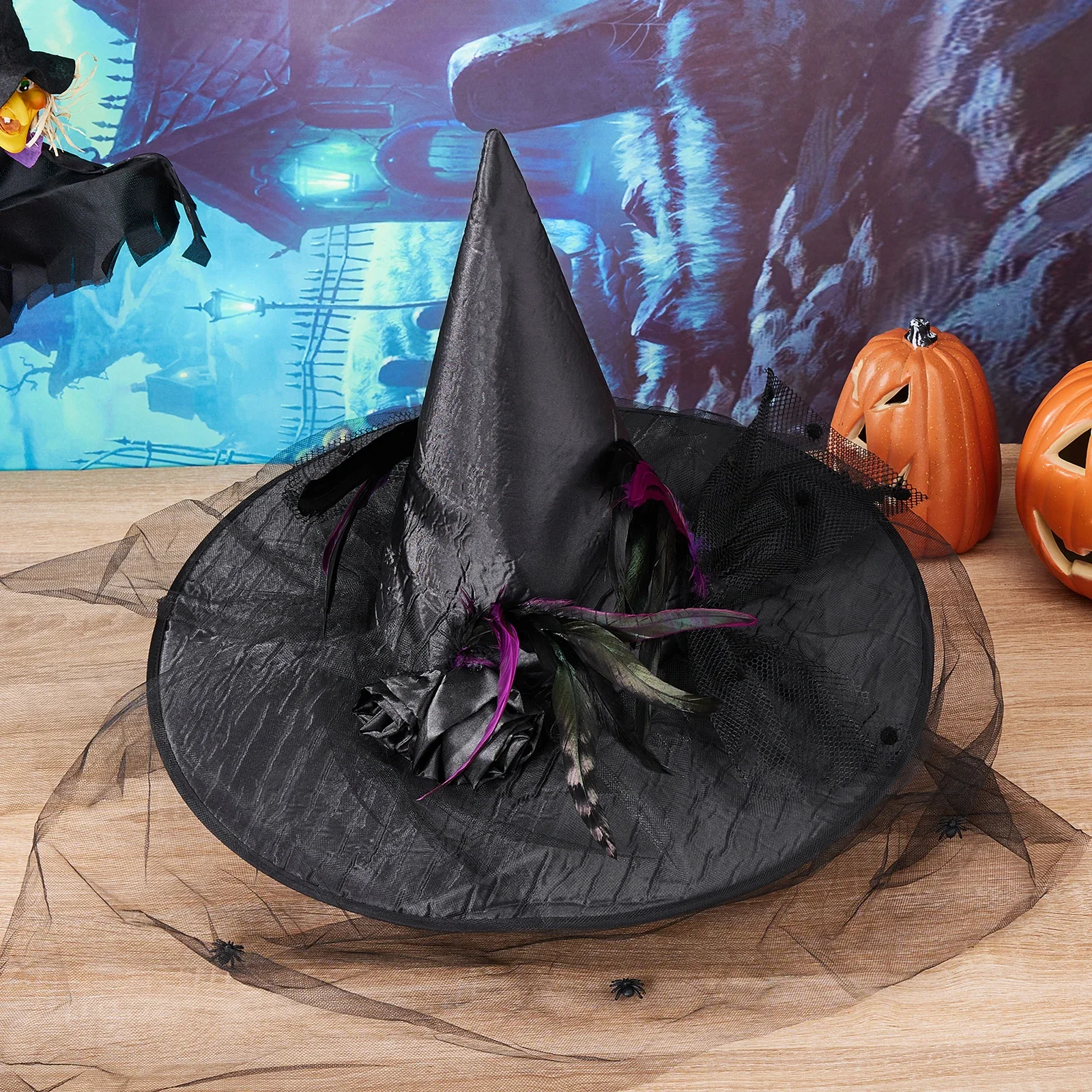 2025 Fashion Women Halloween Witch Hat Vintage Feather Flower Hat with Veil for Cosplay Festival Party Hats