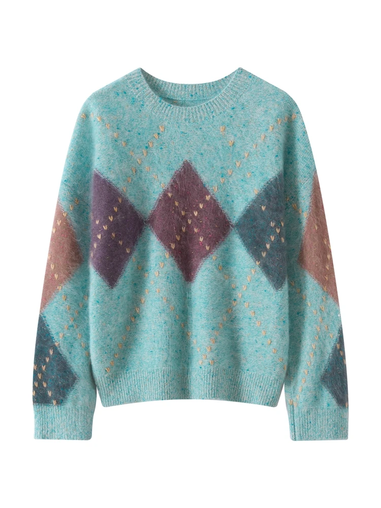 

CHICUU Luxury Women Plush Cashmere Sweater Argyle O-neck Pullover 100% Cashmere Knitwear Thick Brushed Cashmere Autumn Winter