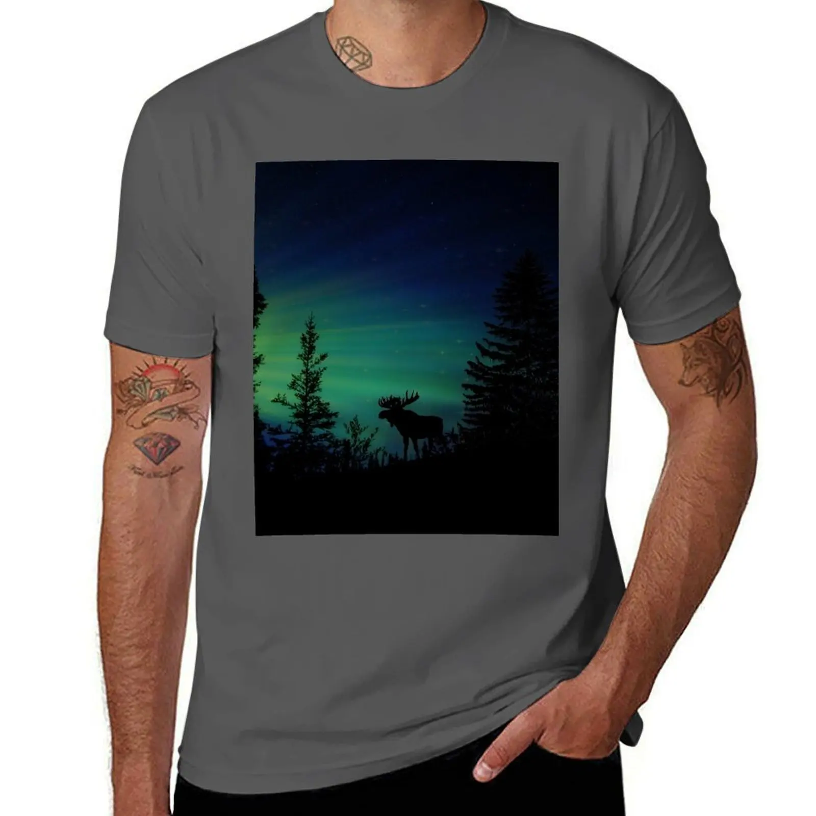 

Moose with Northern Lights T-Shirt Plus Size Summer Casual T-Shirt