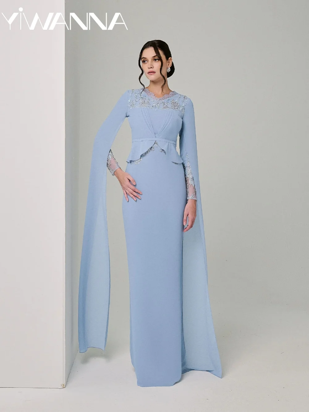 

Sky Blue Beaded Chiffon Evening Dress Elegant Cape SleeveMother Of The Bride Dresses For Wedding Customized Classic Party Gowns