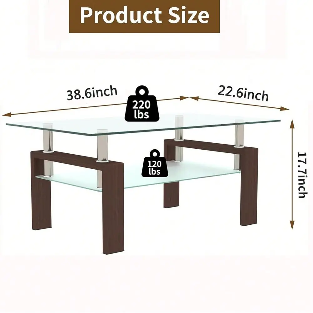 Rectangle Glass Coffee Table For Living Room, 2Tier Modern Center Table Metal Tube Legs For Home Office, Brown