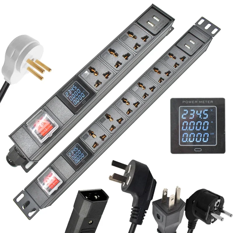 PDU Power Strip 2-9 unit 2usb Outlets 16A 4000W Aluminum AlloySOCKET 2m Power Cord ammeter display