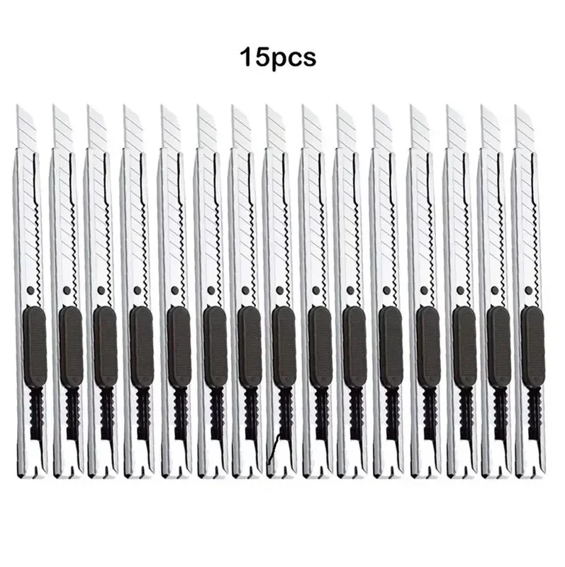 15Pcs Retractable Utility Knife, Stainless Steel 9mm Snap‑Off Blades, Hobby Box Cutter for Home Craft Cardboard Cutting