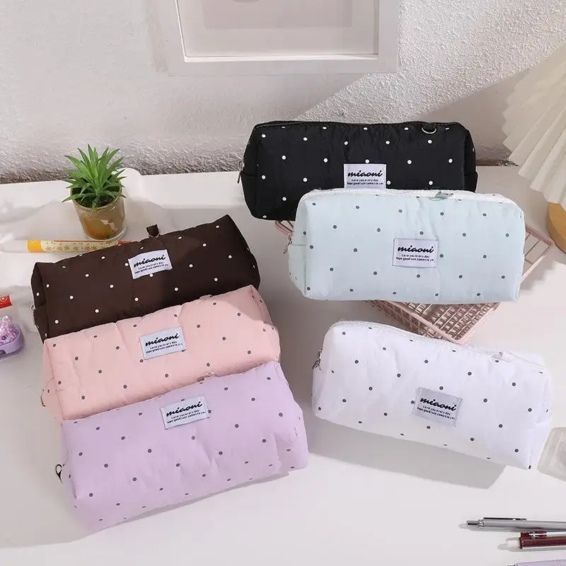 1Pcs Cute Simple Pink Polka Dot Pencil Pouch Large Capacity Multiuse Stationery Bag for Primary School Students Use
