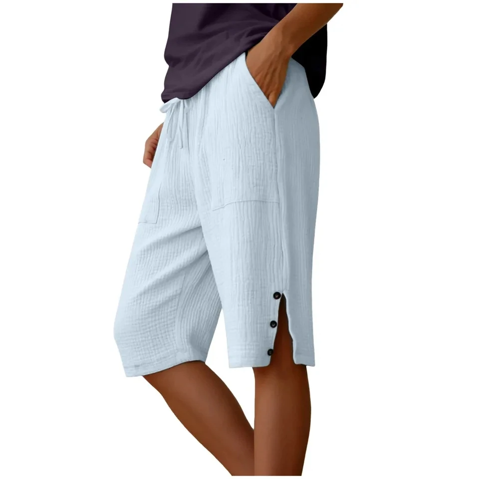 

Summer Women Capri Pants Elastic Waist Drawstring Knee Length Casual Shorts With Side Slits Female Solid Color Half Pants