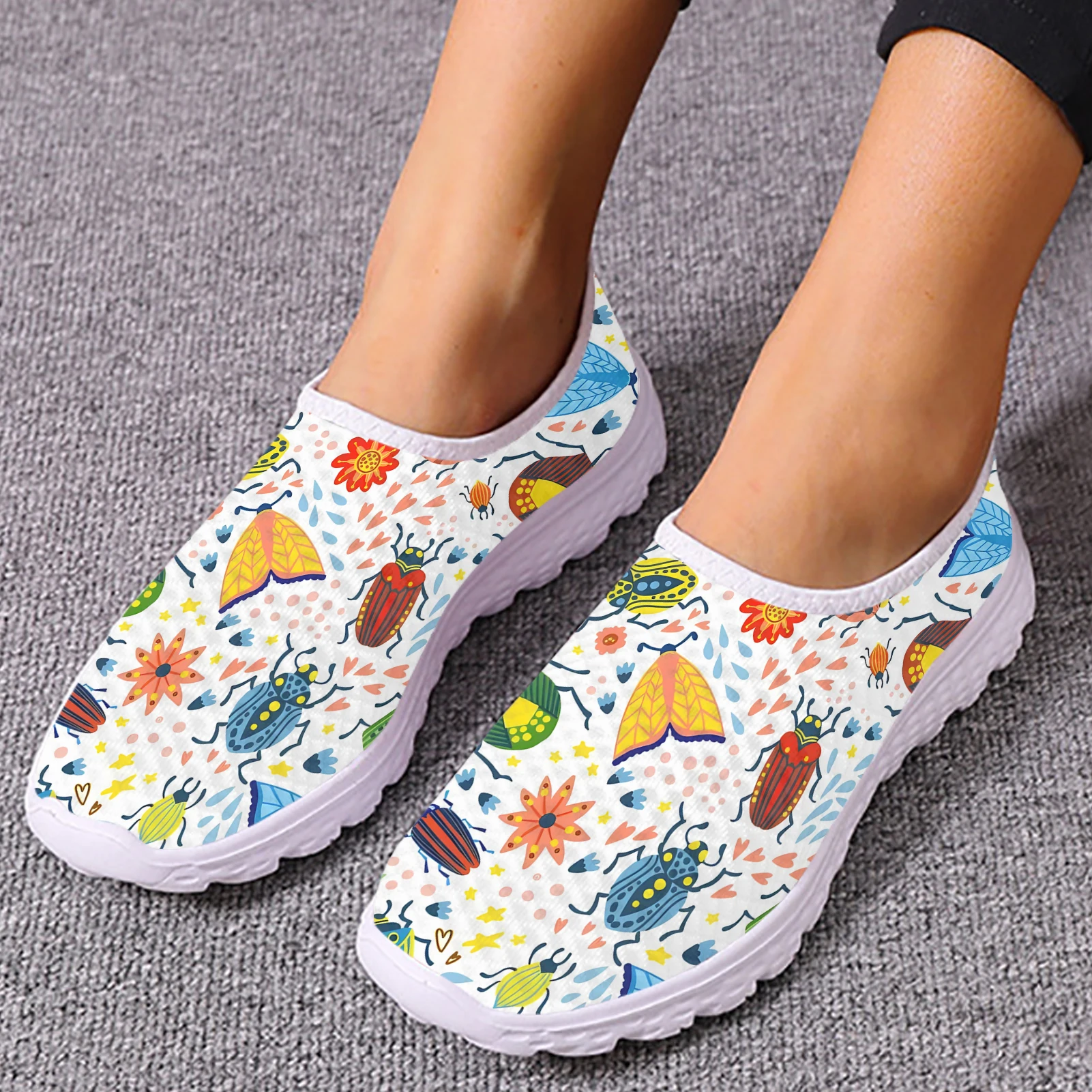 INSTANTARTS Slip On Shoes For Women Beetle Seven-star Ladybug Summer Loafers Boho Floral Printed Comfortable Home Shoes Insect