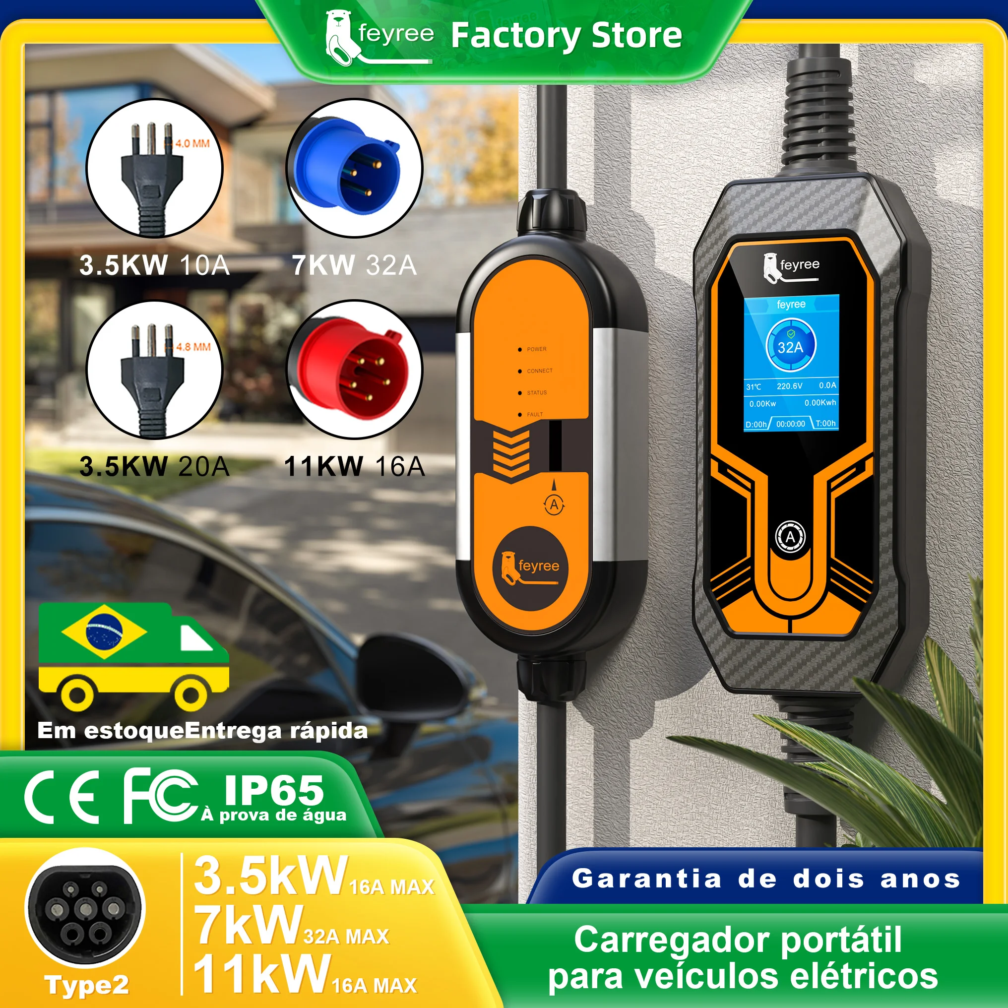 feyree 32A 7KW Type2 EV Portable Charger 11KW 16A 3 Phase 5M Cable EVSE Charging Box Car Charger CEE Plug for Electric Vehicle