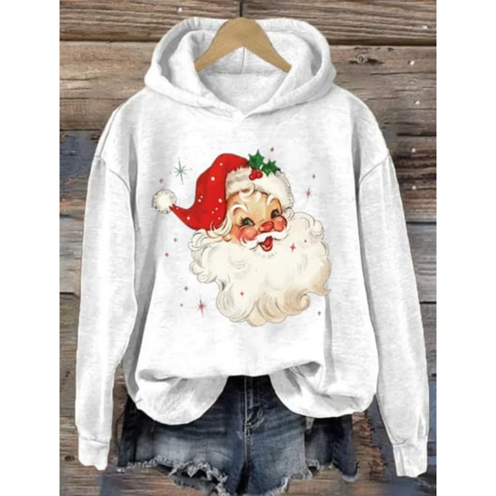 2024 Christmas Hoodies For Women\'s Funny Santa Claus Long Sleeve Hooded Sweatshirts Woman Autumn Clothing Holiday Casual Hooded