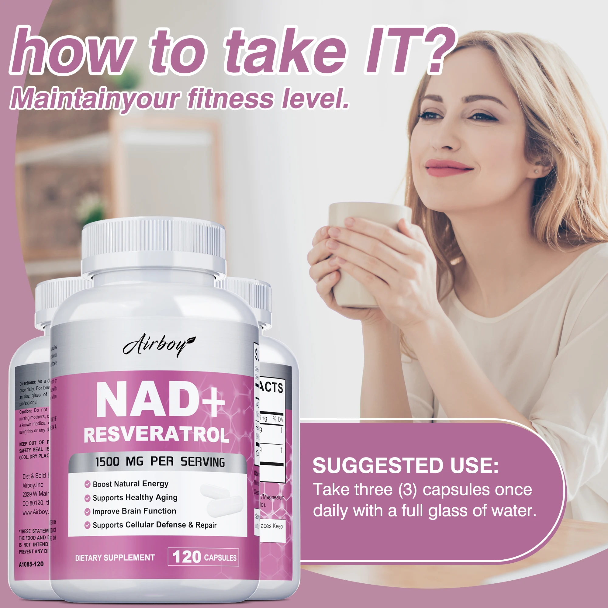 مكملات NAD+ ريسفيراترول - الطاقة الطبيعية، الصحة المضادة للشيخوخة والخلوية، تقوية الجهاز المناعي - 120 كبسولة ﻿