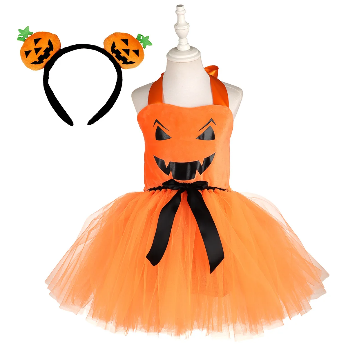 Children Cartoon Pumpkin Mesh Tulle Tutu Dress With Headband Candy Handbag Set For Halloween Party Role Play Stage Performance