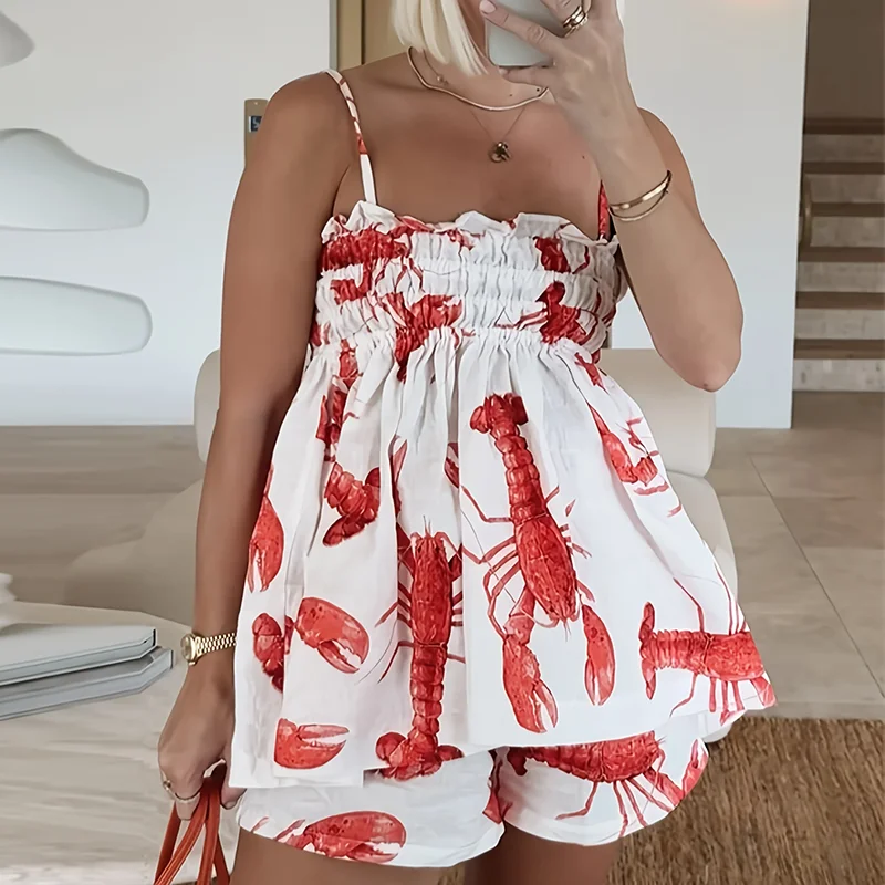 

Women Sleeveless Suspender Vest Top & Shorts Suit Summer Pattern Print Loose Vacation 2 Piece Set Spring Fashion Leisure Outfits