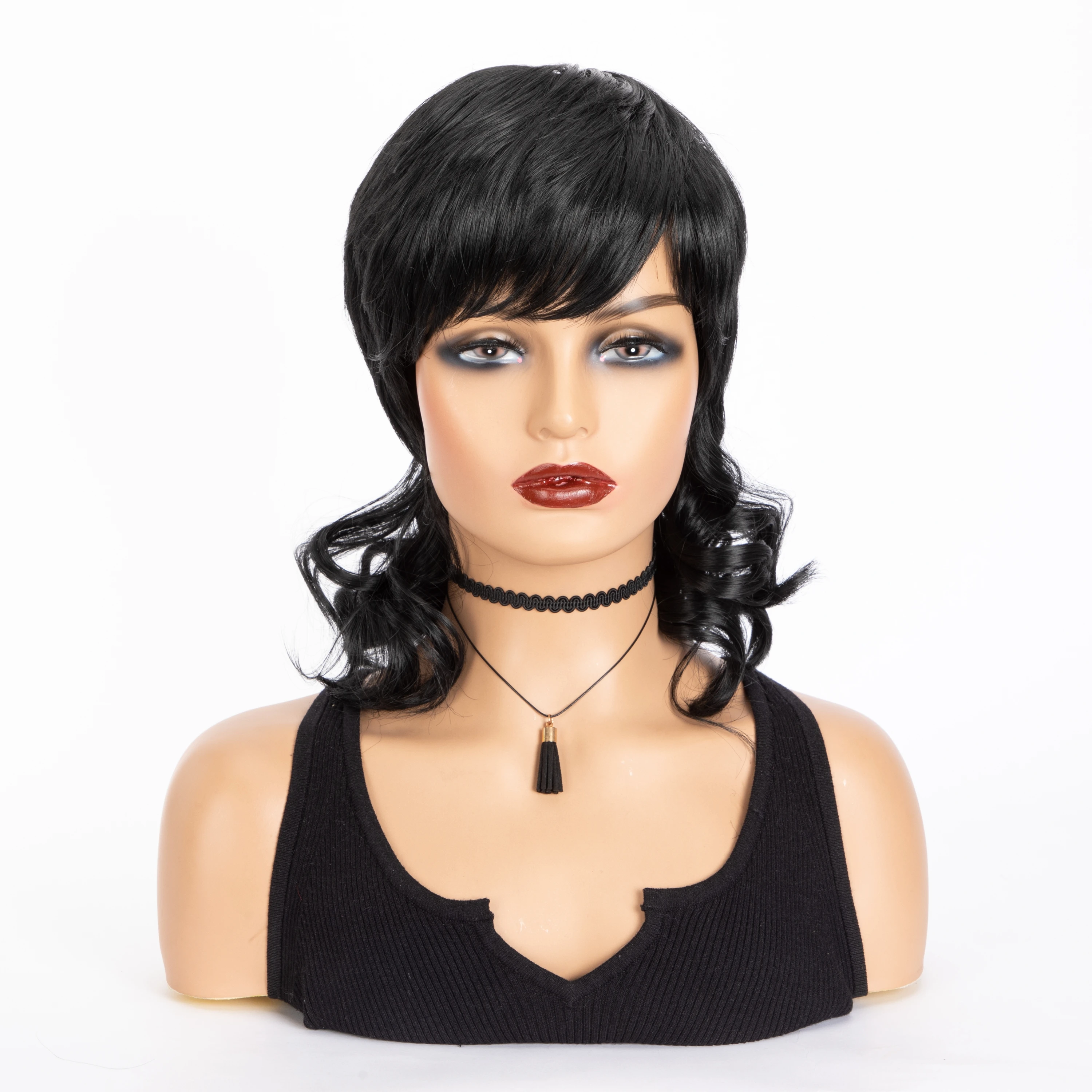 WIGERA Synthetic Highlight On Sale Black  Short Straight Pixie Cut Hair Bob Wig With Long Wavy Wave Curly Bangs Hair For Women