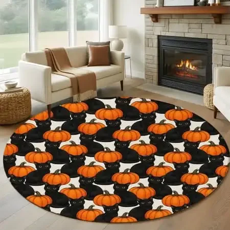 Round Area Rug Halloween Black Cat Orange Pumpkin Repeat Pattern 2D Flat Print for Living Room Decor