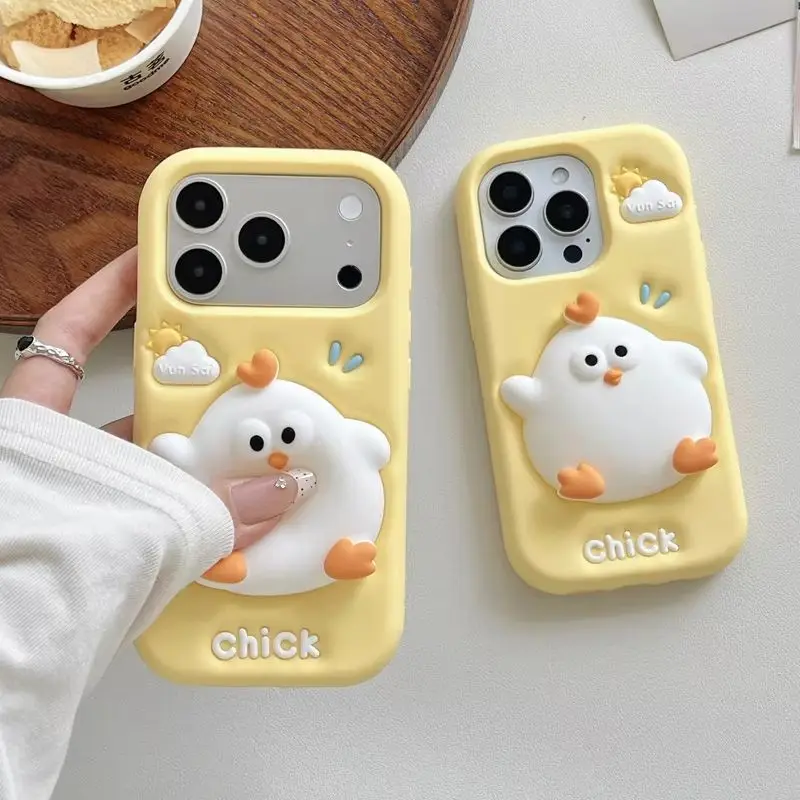 Kawaii 3D Squishy Chick Phone Case for 17 Pro Max Cute Squeeze Cartoon Chicken Silicone Protective Cover for iPhone 16 15 14