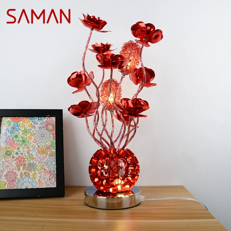 SAMAN Modern Red Table Lamp Fashionable Art Flower Iiving Room Bedroom Wedding LED Originality Aluminum Wire Desk Light