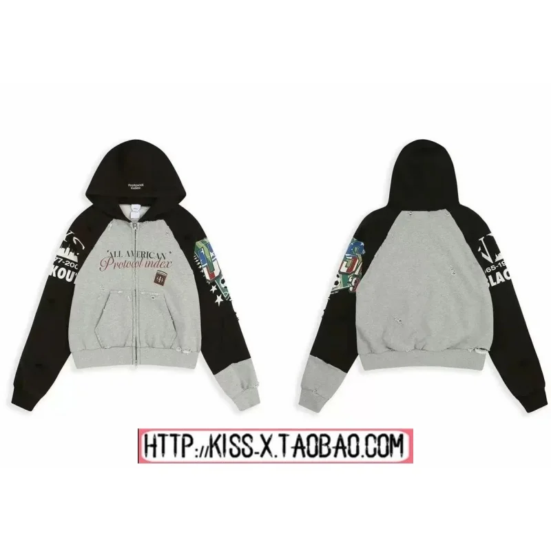 2026 New Style Protocol Index Spliced Vintage Destroyed Print Couple Hoodie Jacket Cotton Polyester Casual Fit Zipper Closure