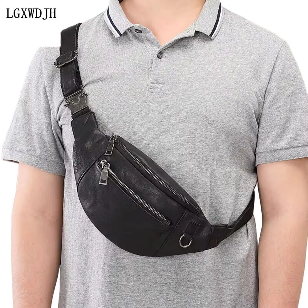 Multifunctional mobile phone Man belt pouch First layer cowhide Sports Waist pack Heart-shaped zipper belly bag Men\'s brand bag