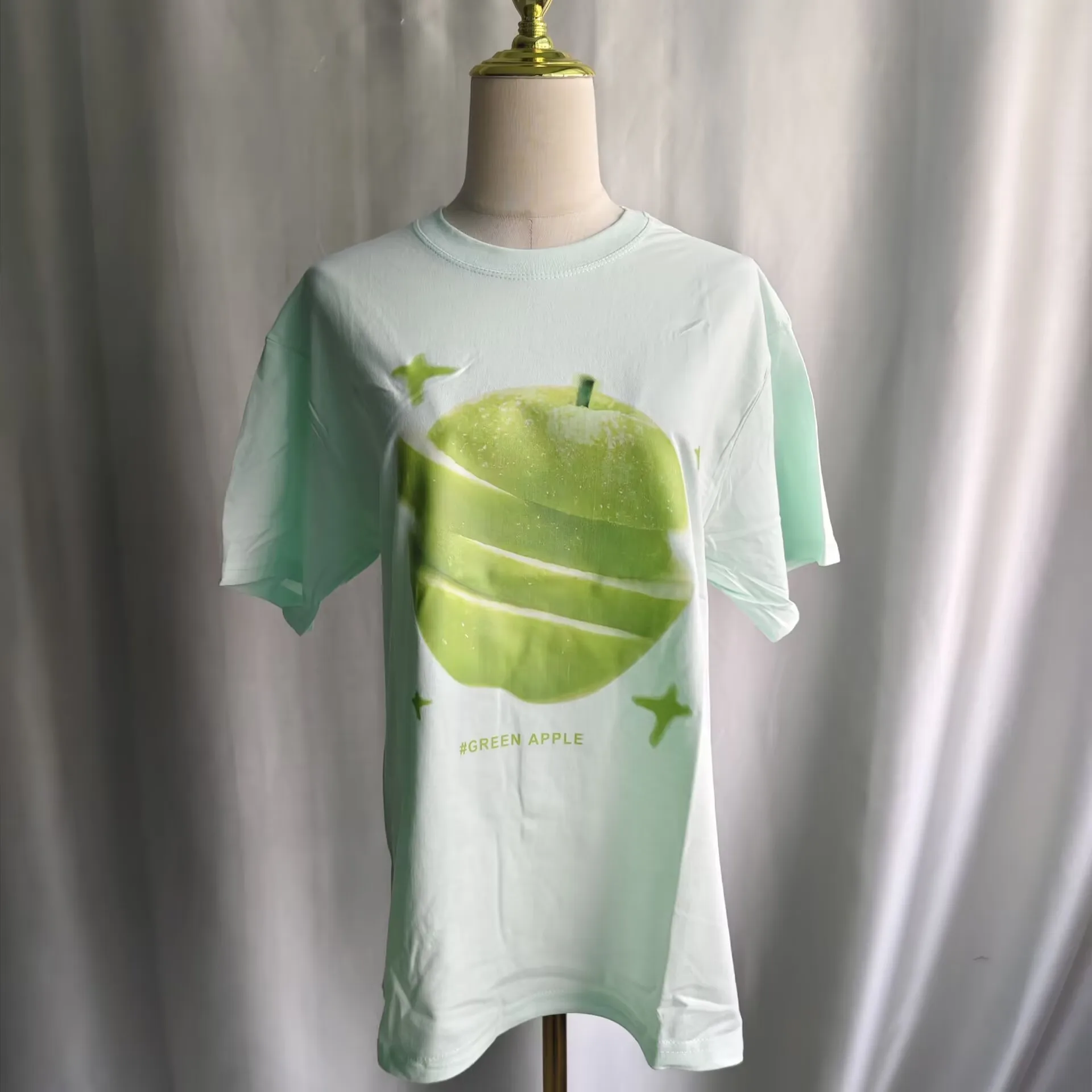 Onalippa 2025 New Korean Style Fresh Green Apple Print Round Neck Short Sleeved T-shirt Women Summer Loose Casual Top Trend view 2