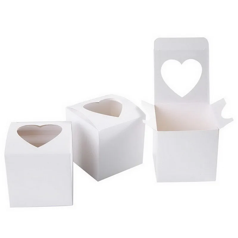 PVC Window Cupcake Box 7.5*7.5*7.5cm White Glossy Heart-shaped Window Cake Gift Favour Boxes For Valentine Day Wedding