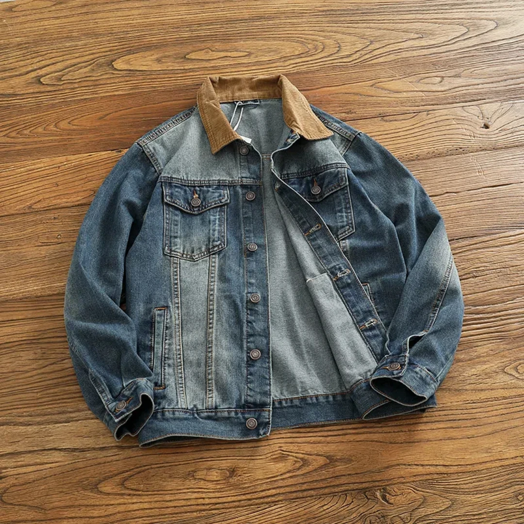 

Vintage corduroy collar patchwork denim top men's fashion brand made old wash lapel American cargo jacket jacket