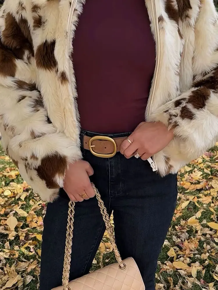 HH 2024 Winter Fashion Faux Fur Coats For Women Long Sleeves Print Side Pockets Zipper Fly Turn-Down Collar Causal Jackets