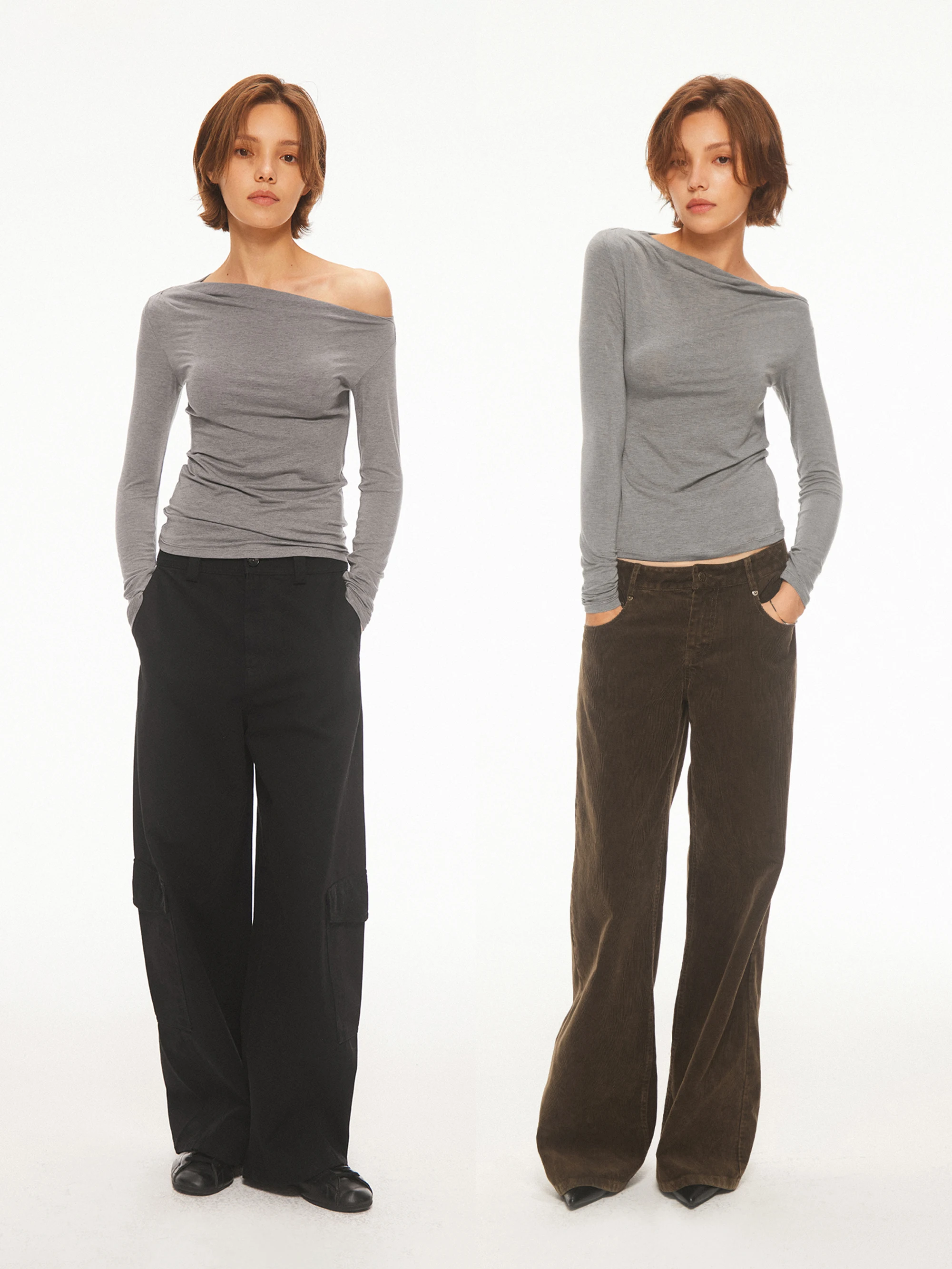 AHNKANK Autumn New Style Long Sleeve Wool Blend Slim Fit T-Shirt Asymmetrical Shoulder Stack Collar Loose Feeling Top for Women