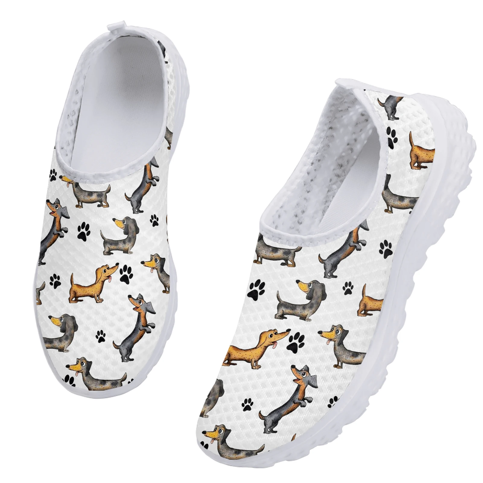 INSTANTARTS Cartoon Dachshund Dog Paw Print Cozy Home Shoes Dachshund Design Ladies Summer Comfortable Breathable Flat Shoes