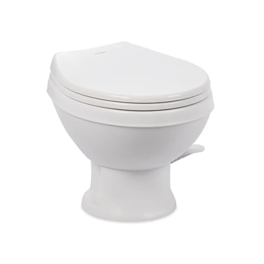 AliExpress – RV toilet with heavy-duty plastic bowl, white, universal 2-bolt mount, low-profile 135/8 seat height, gravity flush, soft-close