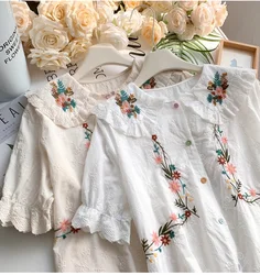 Mori Girl Japanese style sweet lace collar short sleeve embroidery white beige shirts and blouses women tops lolita clothing