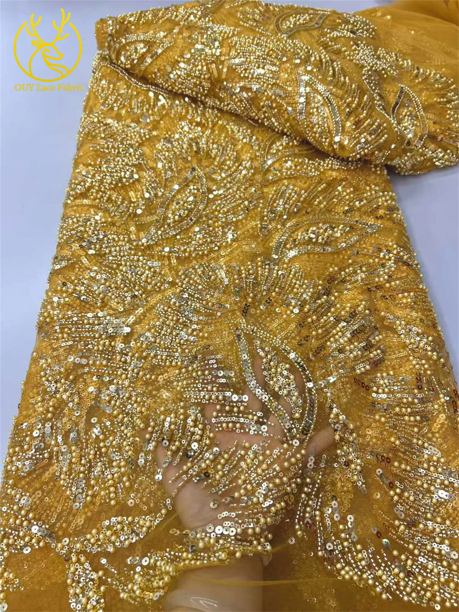 Arancione Europeo Nuovo Design In Rilievo Maglia Tessuto di Pizzo Africano Francese Paillettes Tulle Tessuto di Pizzo Abiti da Sposa Cucito da Donna