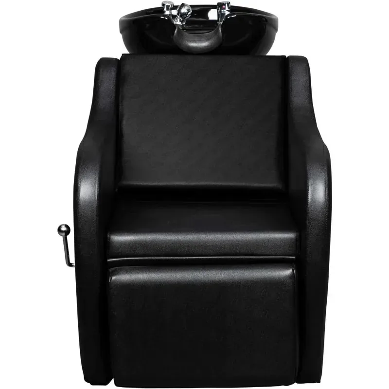 Salon Shampoo Washing Unit, Hair Washing Station with Adjustable Footrest, Ceramic Basin, Beauty Barber Sink Chair