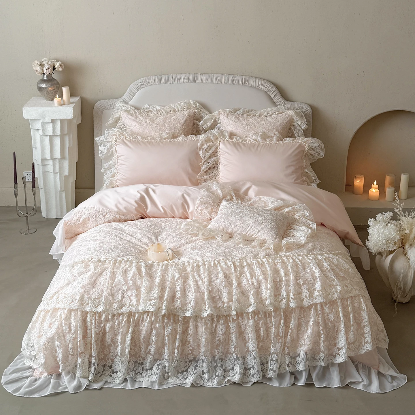 High End Egyptian Cotton Bedding Set Luxury Pink Lace Embroidery Princess Duvet Cover Bed Sheet Pillowcases Home Textile