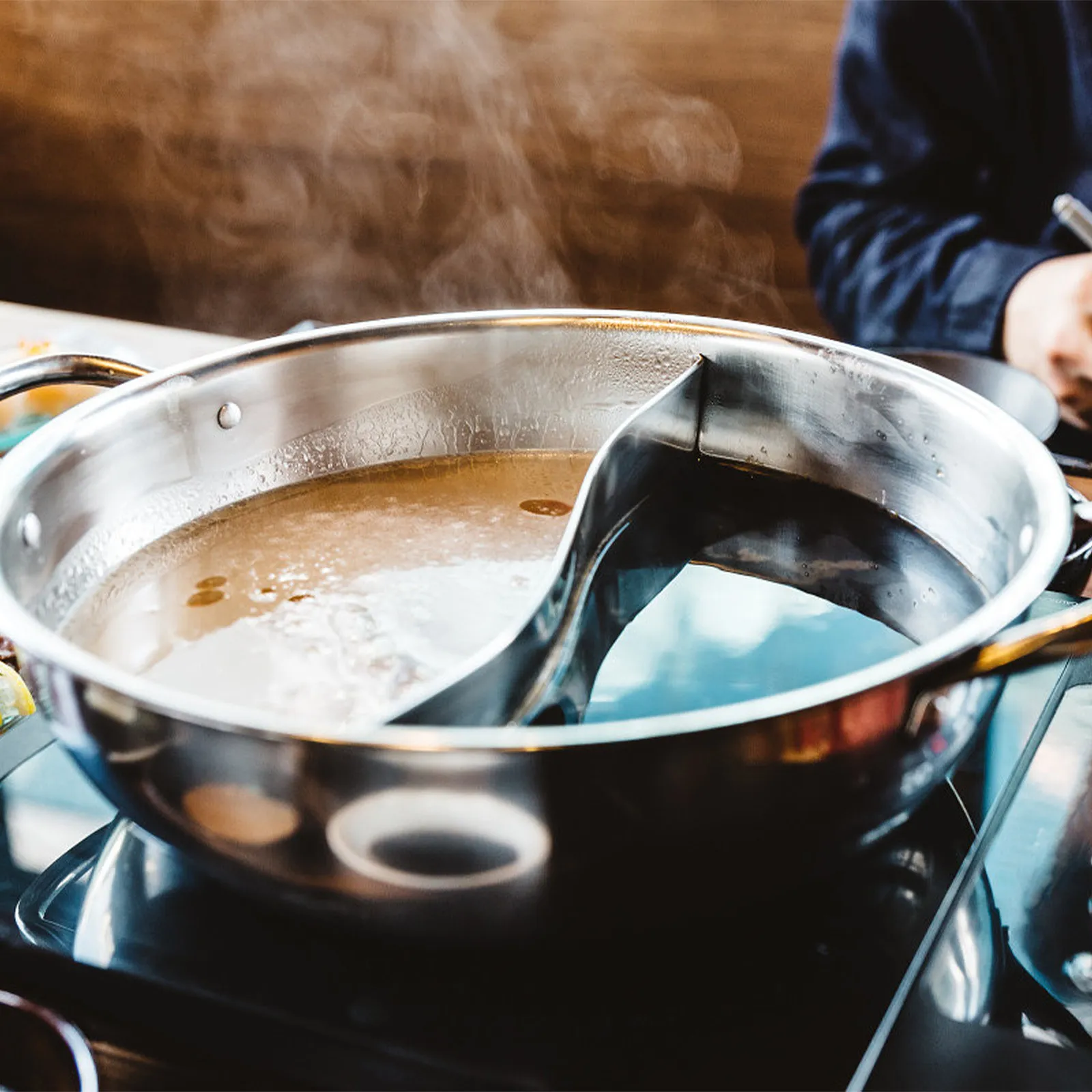 Stainless Steel Hot Pot Cookware with Dual Flavor Divider Thickened Glass Lid Induction Gas Compatible Wide Handle Heavy Duty - view 6