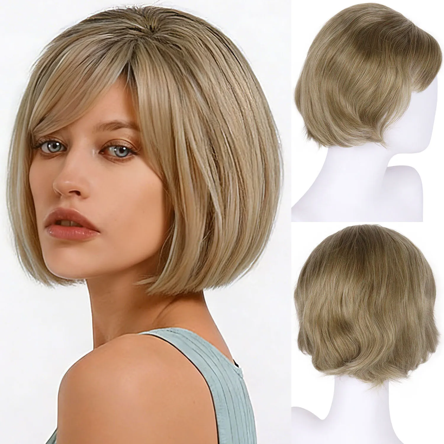 

Natural Synthetic Hair Short Bob Wigs for Women Blonde Straight Wig with Bangs Mommy Wig Gift Daily Party Costume Heat Resistant