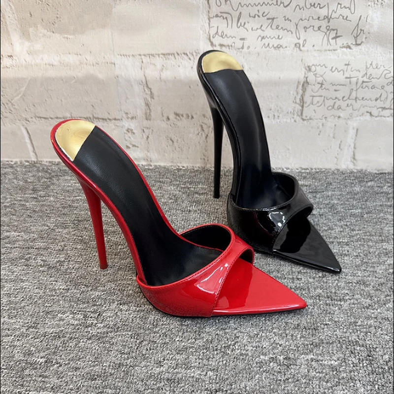

CA 16/14CM High Heels Slippers,Women Summer Slides,Stage Show Shoes,Open Pointed Toe,Sheepskin Lining,Black,Red,Custom Colors