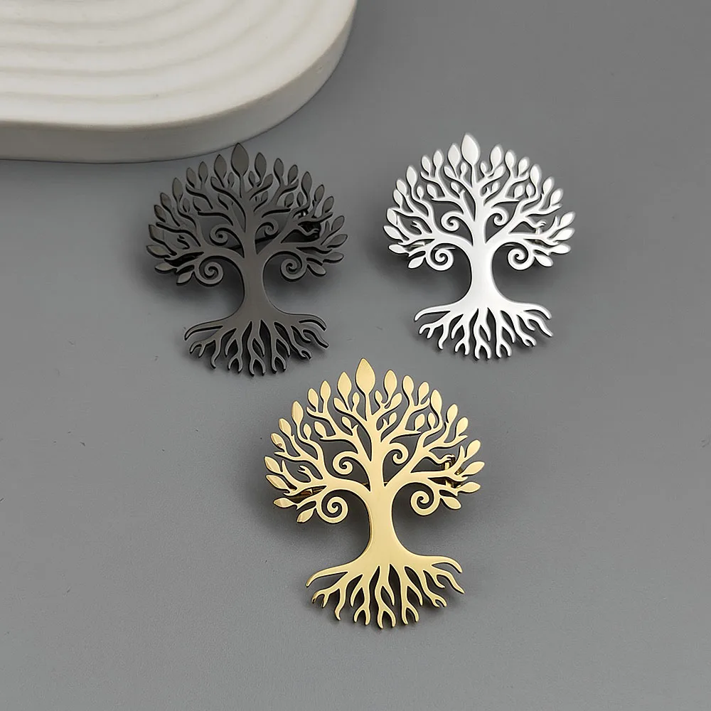 Original design hollow tree of life stainless steel gold-plated brooch, waterproof and non-fading pin, men's suit badge