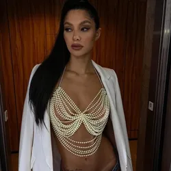 Hand-woven Plastic Pearls Camis Tops Women Halter Bra Chain Multi-layer Sexy Pearls Deep-v Neck Vest Tanks Breast Body Jewelry
