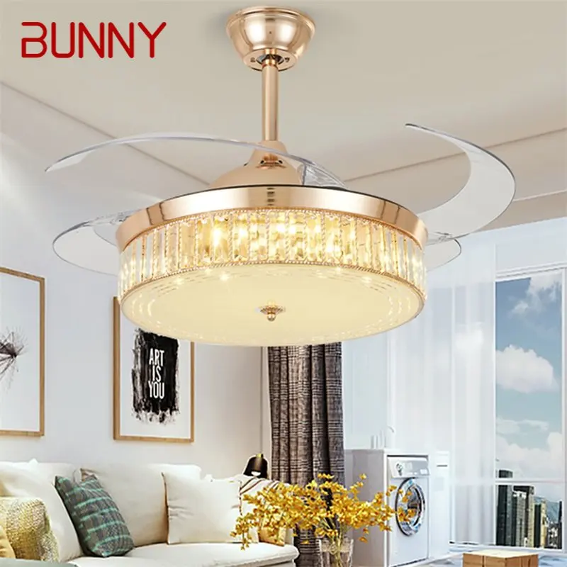 

BUNNY Ceiling Fan Light Invisible Gold Luxury Crystal LED Lamp With Remote Control Modern For Home