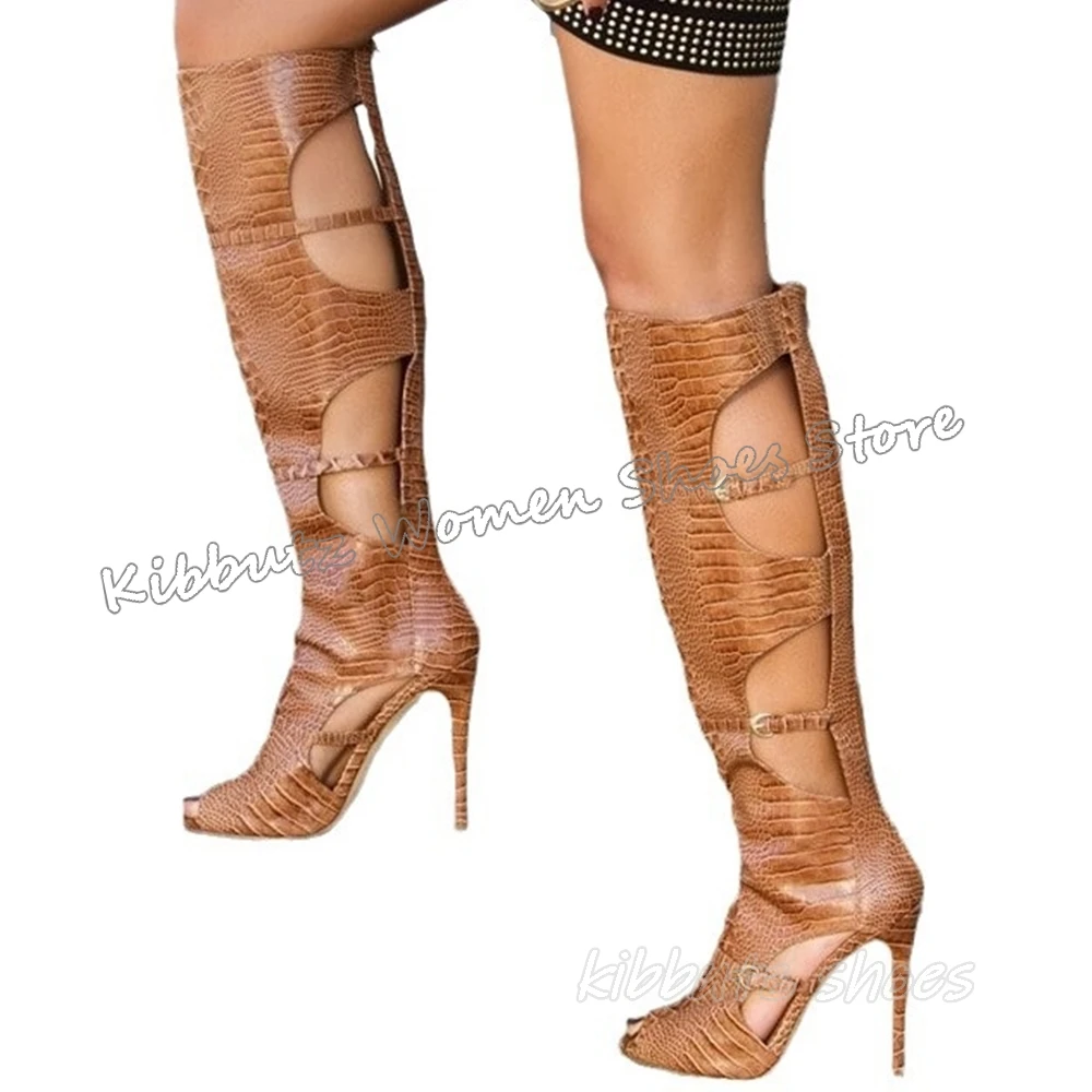 Sandals Knee High Boots Leather Hollow Pointed Toe Thin Heel Fashion Novelty Sexy Concise Luxury Summer Women Party Shoes Newest