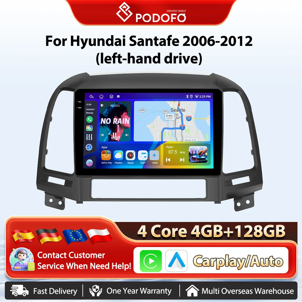 Podofo 9'' Drahtlose CarPlay Auto Autoradio Für Hyundai Santafe 2006-2012 (links) Android GPS Navigation WIFI multimedia-Player DSP