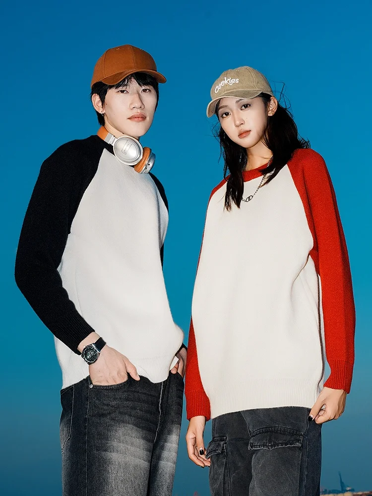 

Мужской свитер в американском ретро-стиле с вставками на плечах, свободный повседневный крой, круглый вырез, цветные блоки, осенне-зимняя коллекция, модный брендовый свитер