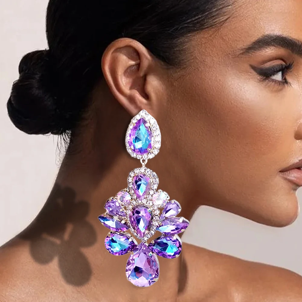 Stonefans Purple Crystal Dangle Earrings for Women Studs Wedding Ear Decoration Water Drop Statement Rhinestone Earrings Jewelry