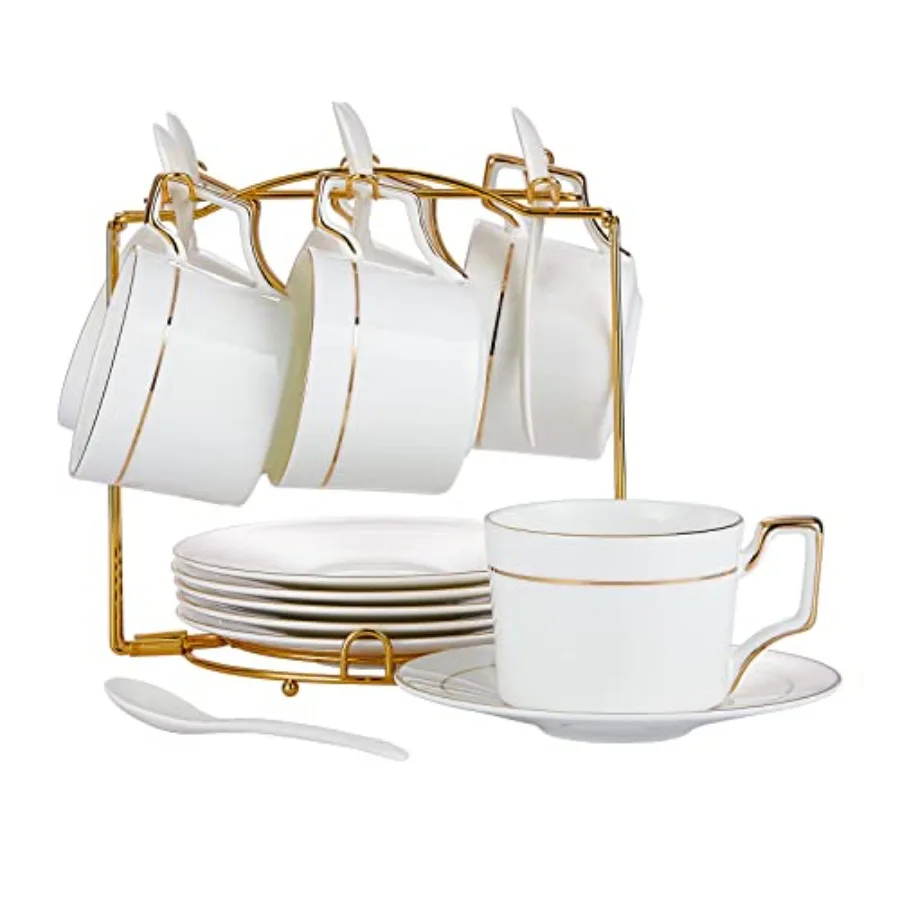 

Porcelain Tea Cups and Saucers Set, 6oz Tea Cups with Gold Trim, White Coffee Cups and Mugs Set of 6 with Stand for Cappuccino,